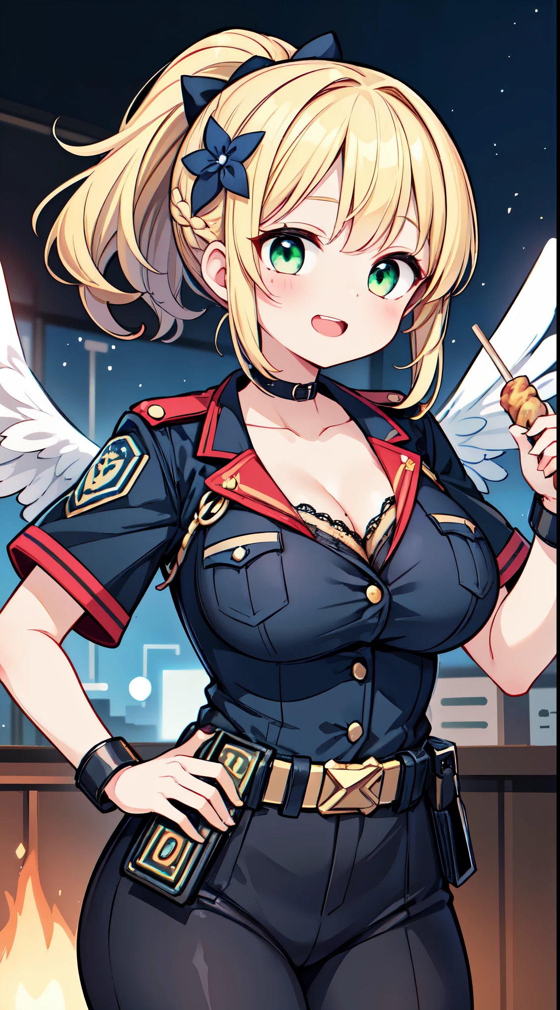 (super fine illustration:1.2),(masterpiece, 8k), (best quality, high quality:1.4), perfect anatomy, hyper detailed, ultra detailed,masterpiece background,beautiful detailed background, v8k wallpaper,perfect design,award-winning art,atmospheric,
BREAK, 1 beautiful girl, girl, (cute:1.5),(Little:0.5),(cute:2.0),(change:2.0),( girl),(big breasts:1.65),(chin hair,blonde,blue bow,green eyes,Eyebrows visible through the hair,side lock,long hair with bangs parted, hair flower, hair ornaments, big ribbon in hair, curly hair, ponytail:1.6),:he, white feathers, one thin white wing, Ang he wings, spread your wings, shining wings),pit \black},glowing skin, beautiful skin, Shining beautiful skin, open your mouth, bashful smile, alone, tooth, upper teeth,(long eyheashes, double eyheids:1.2),alone, glowing skin, beautiful skin, Shining beautiful skin,(highest quality face),(highest quality shining eyes,
BREAK
hey rassyai!!,(yakitori,kusiage),looks delicious,grill the meat
BREAK
//Fashions
Classic Officer Chic,
BREAK
Opt for a fitted navy blue police uniform with gold accents for a timeless and professional appearance,
BREAK
Enhance the ensemble with a utility belt carrying essential police accessories like handcuffs and a radio,
BREAK
Top off the look with a classic police hat featuring a gold badge for an authori
Classic red lipstick for a timeless touch,
Chic updo hairstyle with braids or twists,
Subtle use of a mantilla or lace shawl,cleavage,mole on breast,collarbone,beautiful short hair,head dress,(shiny eyes),joshi_ryoku 20000, solo focus,starry night,japanese yatai,depth of field,standing,leaning forward,smile
BREAK,wakame,wakame,wakame,(dynamic pose,from front:1.5)
BREAK,(Blurry background:1.3),(absurderes, hight resolution, Super Detail Art),cel shading,Clear Color, Lonely optical effect, Beautiful pictures, Bright glow, mystic atmosphere,(Close-up of girl:1.1), Mystical light particle effect,manga influence, clean line drawings,