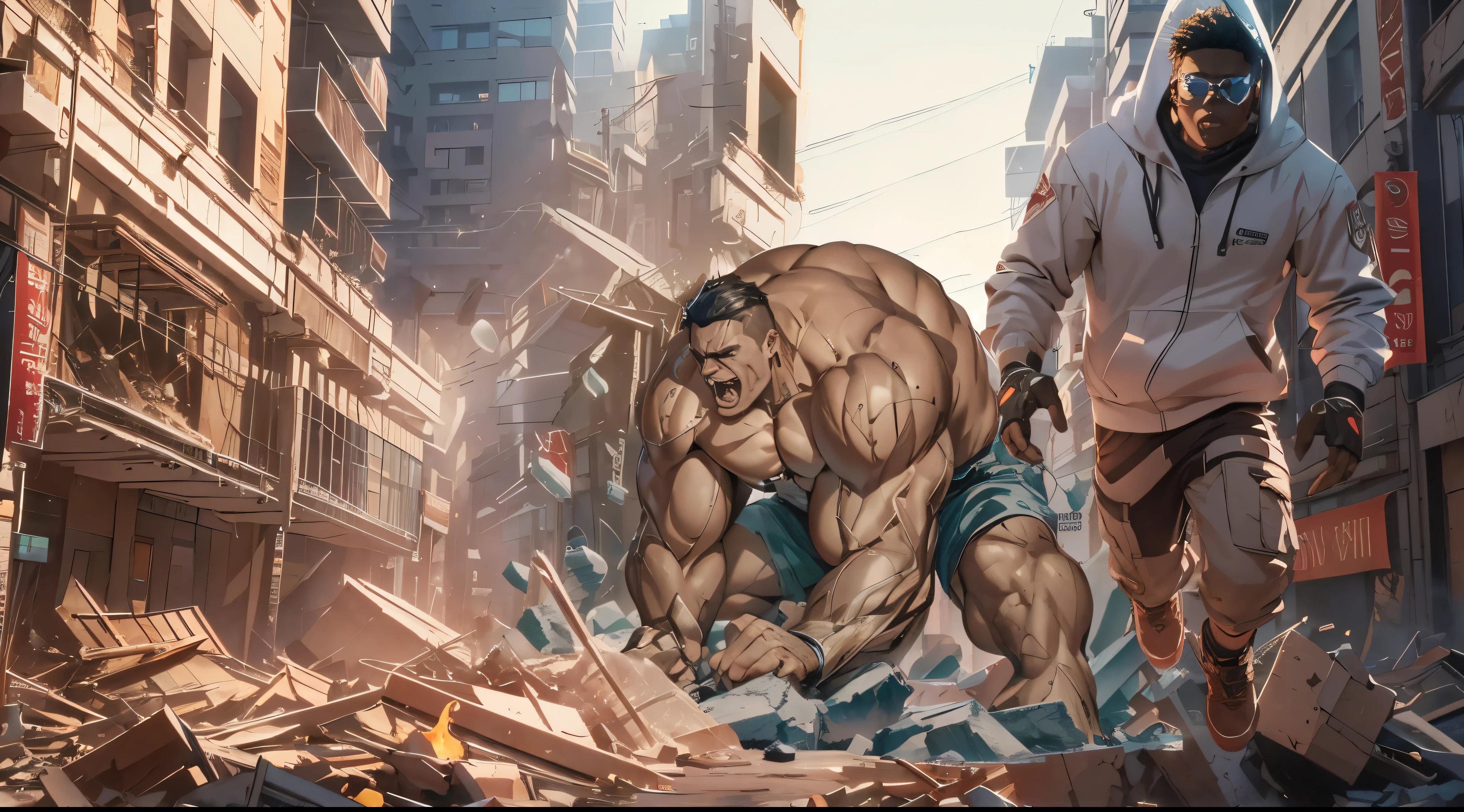 Capture the explosive moment as the incredibly hulk burst out of the rubble at the shock of a young, dark-skinned man wearing glasses, dressed in a crisp white windbreaker hoodie, who holds a katana while jumping on to the remains of a building turned to rubble by an explosion. This RAW masterpiece showcases an ultra-high resolution, photorealistic full-body portrait, illuminated by the warm glow of sunlight. The scene is rendered in the captivating style of mecha sci-fi anime, boasting an impressive 8K resolution for the best quality imagery. Crafted with Unreal Engine 1.4, this piece features ultra-realistic K CG, skin texture at 1.4, and volumetric fog to add depth and atmosphere. The details are further enhanced with 8K UHD, DSLR quality, film grain, and the artistic touch of lomography. The result is a stunning blend of high-quality visuals, translucent effects, and photorealism that truly captivates the viewer.
