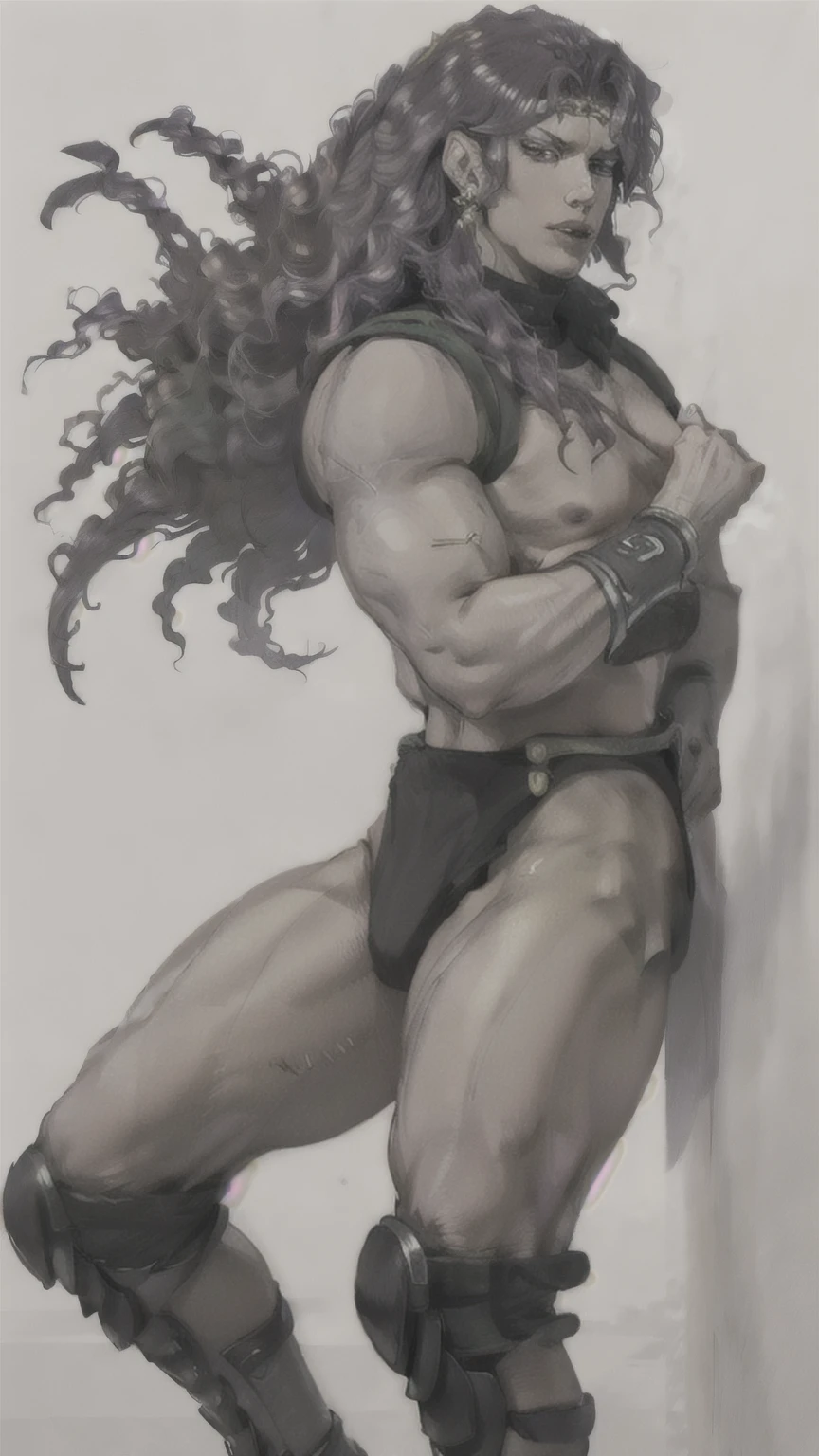 1man,solo,(best quality,4k,8k,highres,masterpiece:1.2),ultra-detailed,(ilustracion:1.37),purple long hair,voluminous details,perfect musculature,ultra HD 4k,JoJo's Bizarre Adventure character,Kars, taparrabos ,botas color negro,action scene, renderizado perfecto, perfect anatomy,photorealistic drawing, ilustracion d2, apariencia varonil,, jojo&#39;s bizarre adventure aesthetic, battle tendency, FULL body 