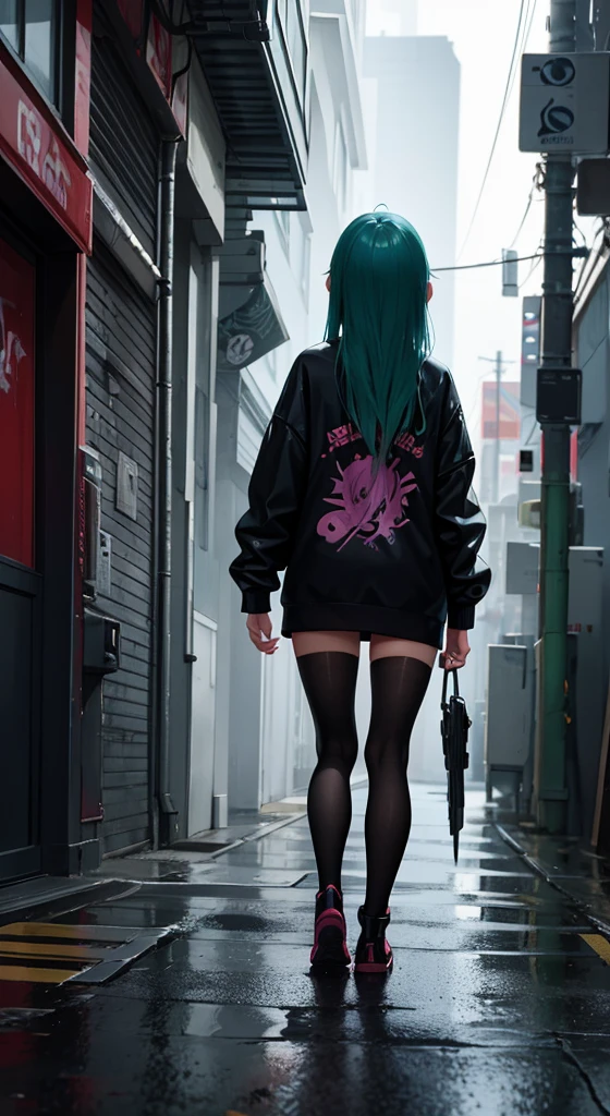 Character facing away looking back over shoulder, back facing viewer, female, girl, , blue green hair, purple eyes, long hair, calm. anatomically correct, full body image, beautiful body, torn clothing, alleyway background with neon red graffiti, heavy rainfall, soaking wet clothing and hair, utopian city, cyberpunk aesthetic, Minimalism, Expressionism, anime style, drop shadow, film grain, vignetting, silhouette, 1080P