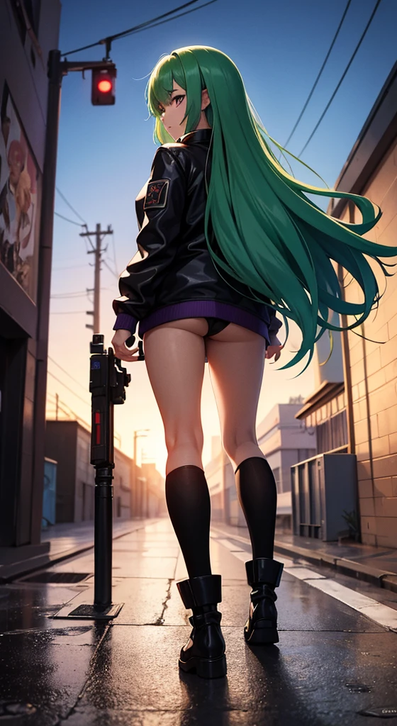 Character facing away looking back over shoulder, back facing viewer, female, girl, , blue green hair, purple eyes, long hair, calm. anatomically correct, full body image, beautiful body, torn clothing, alleyway background with neon red graffiti, heavy rainfall, soaking wet clothing and hair, utopian city, cyberpunk aesthetic, Minimalism, Expressionism, anime style, drop shadow, film grain, vignetting, silhouette, 1080P