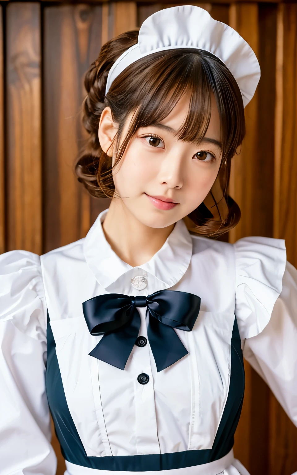 ((of the highest quality, 8K, masutepiece: 1.3)), Beauty, 1 Japan Girl, lolli (:1.2, round face, lower height), portrait, brown hair, bob hair, (wavy hair, curl inward), 28 years old, Detailed face, very detailed lips, Detailed eyes, Double eyelids, Sweaty skin: 1.2, :o, head tilt, (maid dress. black collared dress, puffy sleeves, long sleeves, white apron, frilled apron), in the bed room,