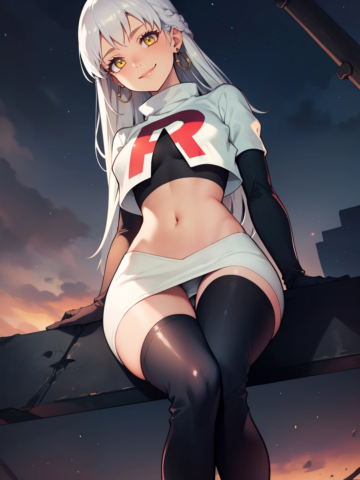 micaiah fe, silver hair, yellow eyes ,earrings, glossy lips ,team rocket uniform, red letter R, white skirt,white crop top,black thigh-high boots, black elbow gloves, evil smile, looking down on viewer, sitting down ,legs crossed, night sky background