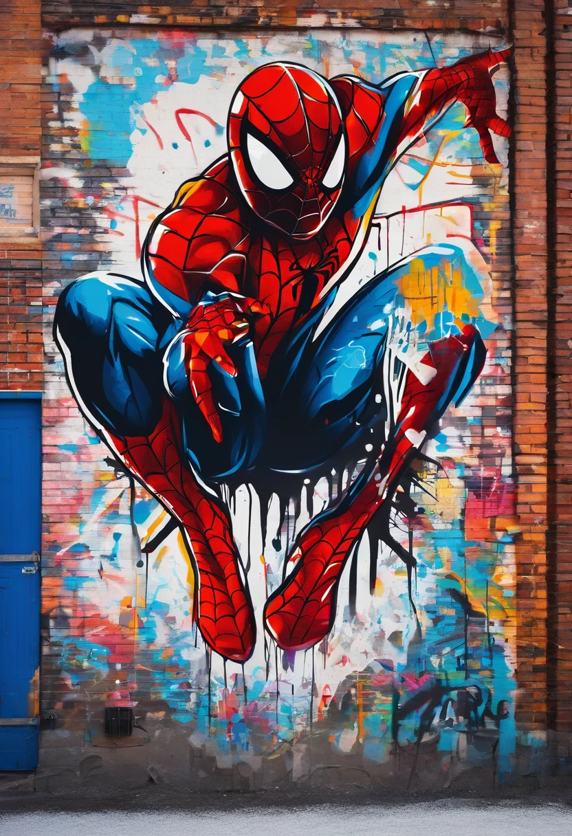Spiderman en action, ambiance urbaine, tempête de neige, graffiti, image complète, Contraste élevé haute résolution