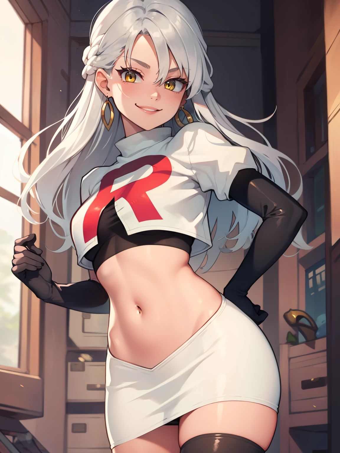 
micaiah fe, silver hair, yellow eyes ,earrings, glossy lips ,team rocket uniform, red letter R, white skirt,white crop top,black thigh-high boots, black elbow gloves, evil smile