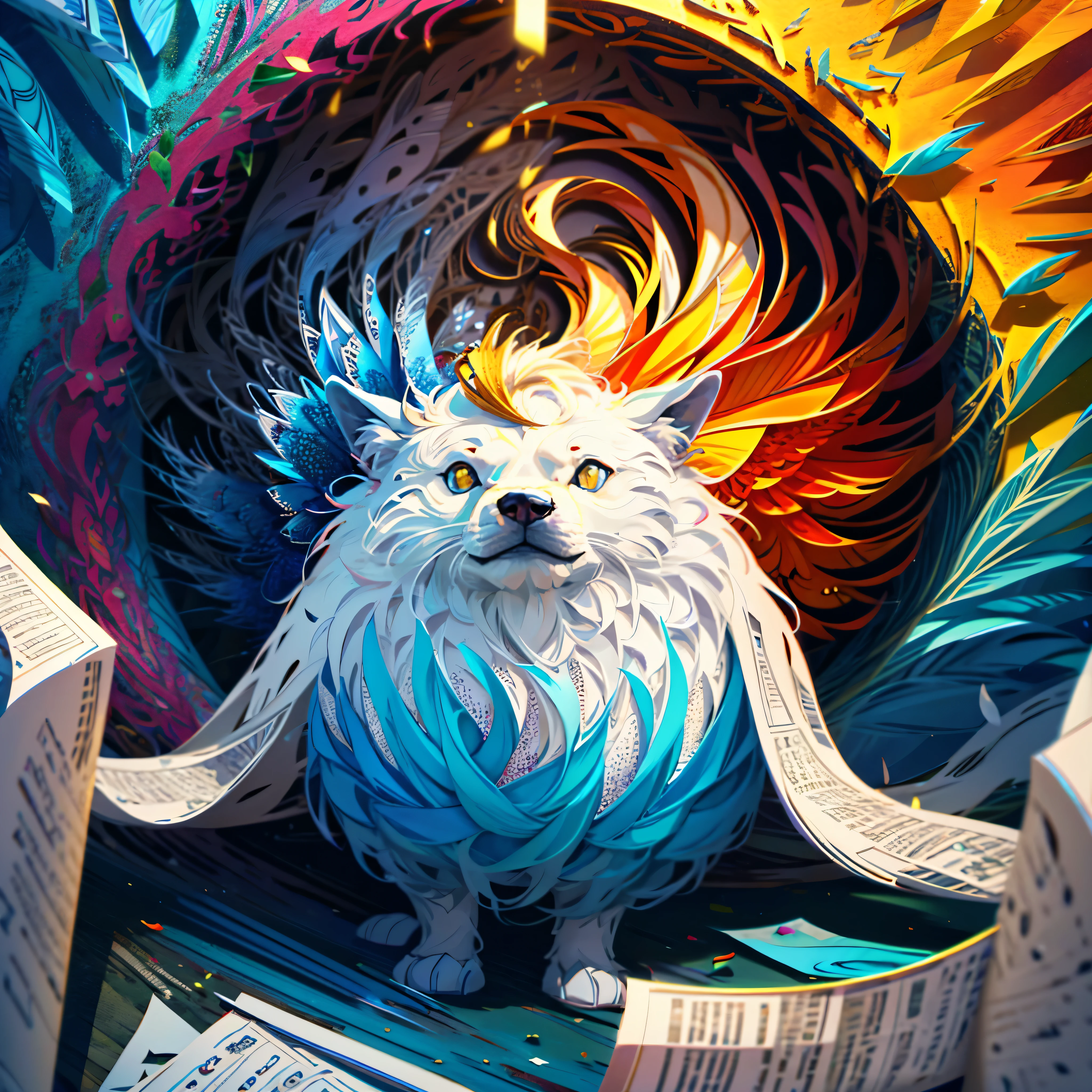 Paper_cut wolf, multi dimensional quilling paper, art, chibi, yang08k, colorful, Masterpieces, top quality, best quality, official art, beautiful and aesthetic,((ultra realistic)) (cachorro akita , perfil ),(melhor pose),(best angle), (better expression), Eduardo Kobra acolchoamento ,multidimensional geometric wall PORTRAIT, arte, Chibi, lindo, Colouring, Primary works, qualidade superior, melhor qualidade, Arte Oficial, pelos coloridos, Paper_cut Natural and organic depictions of vast landscapes,Sky and steppe,ikebana,Clouds,extremely windy,Features earth tones and botanical motifs,Withdraw connections to nature and the environment,Influenced by botanical illustrations or environmental art,softlight,(warm color:1.15),epic best quality exquisite details,3D rendering,maple leaf,Yellow chestnut leaves, Epic Masterpiece ultra UnrealEngine5 deep path equirectangular_360 global luminescence saturate dynamic volumetric Cinematic_Sunlight lightning_contrast perfect composition meticulously intricate ultra_high-details ultra_high-quality max ultra_high-def ultra_photo-realistic optimal ultra_high-res cgi vfx sfx accurate reflex vivid color-coded improved Octane-rendered UHD XT3 DSLR HDR romm rgb pbr 3dcg fxaa blay enhanced fkaa txaa rtx ssao opengl-shader glsl-shader post-processing post-production cell-shading tone-mapping shadow analogique ultra_sharpness focus symmetrical varied multi etc. --v 6 --s 1000 --c 20 --q 20 --chaos 100