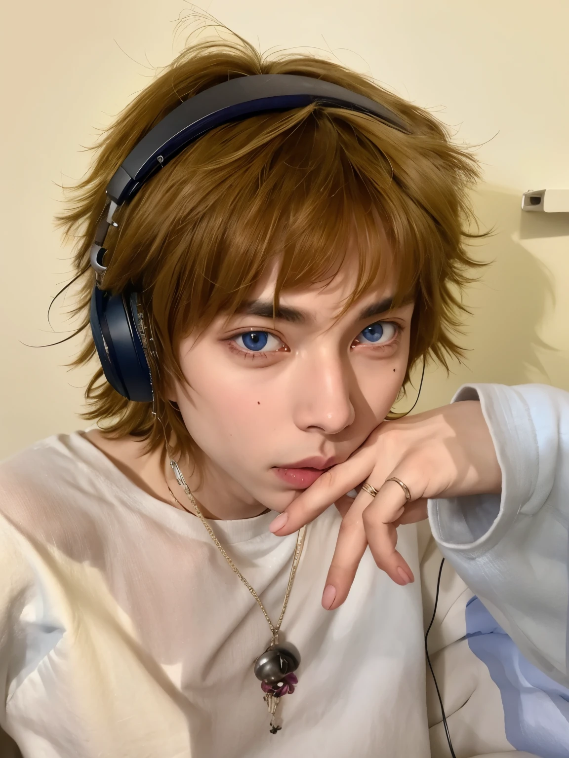 Arafed boy with headphones sitting in front of a laptop, parece una mezcla de mugre, she parece una mezcla de mugre, parecido a una mezcla de mugre, billie eilish, little peep, delicate androgynous prince, parece una mezcla de mugre, el corte de hime, beautiful androgynous prince, Con pelo corto, androgynous person