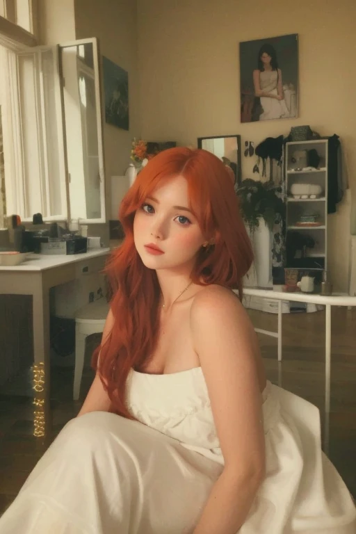 hay una mujer sentada en una cama con una toalla blanca, ella tiene el pelo largo y renaranjado, anna nikonova aka new milkmaid, hada ellie bamber, muchos Merlot, ella tiene el cabello rojo, flowing pelirrojo, chica pelirroja, pelirrojo, Con cabello rojo, She has long orange-brown hair., ellie bamber, diosa pelirroja, Yelena Belova