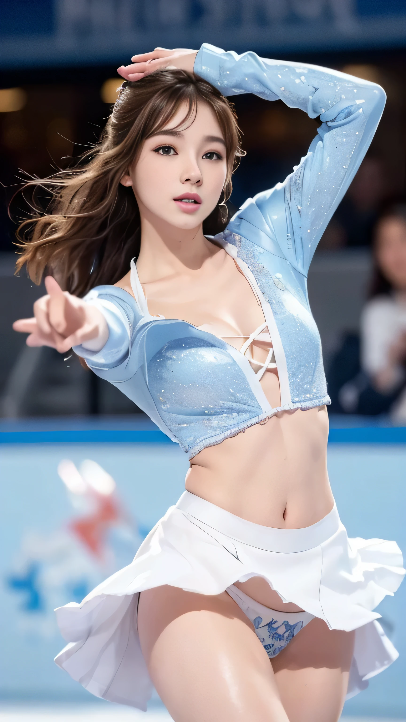 1 female、(super beautiful)、(beautiful face:1.6)、(detailed face:1.5)、(fine eyes:1.1)、(detailed lips:1.1)、(detailed nose:1.1)、(brown hair)、(Doing figure skating)、(she&#39;He&#39;s the only one skating at the rink.:1.2)、(anatomically correct movements:1.3)、(Blue costume)、(White panties under the skirt:1.2)、(Clothes:1.5)、(skating rink with spectators)、(At SFW:1.5)