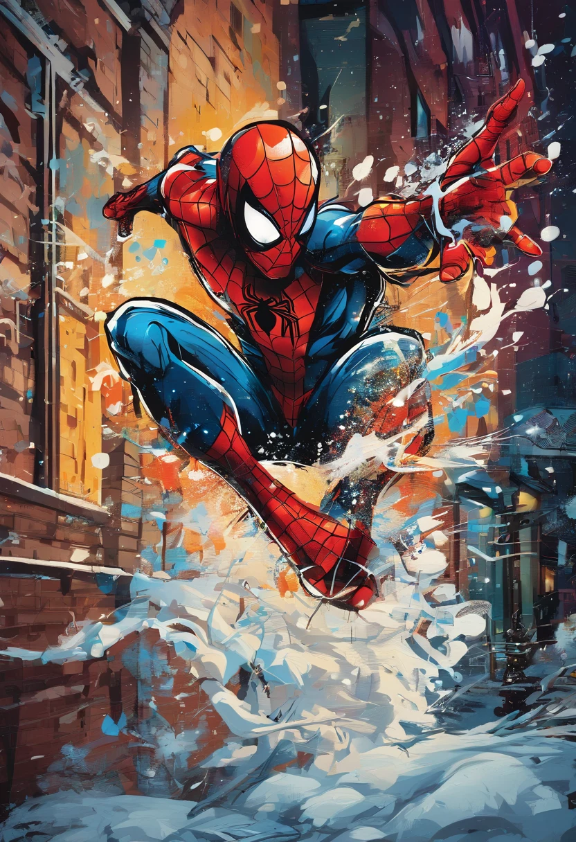 Tempete de neige, Spiderman en action, ambiance nocturne, tempête de neige, graffiti, image complète, Contraste élevé haute résolution