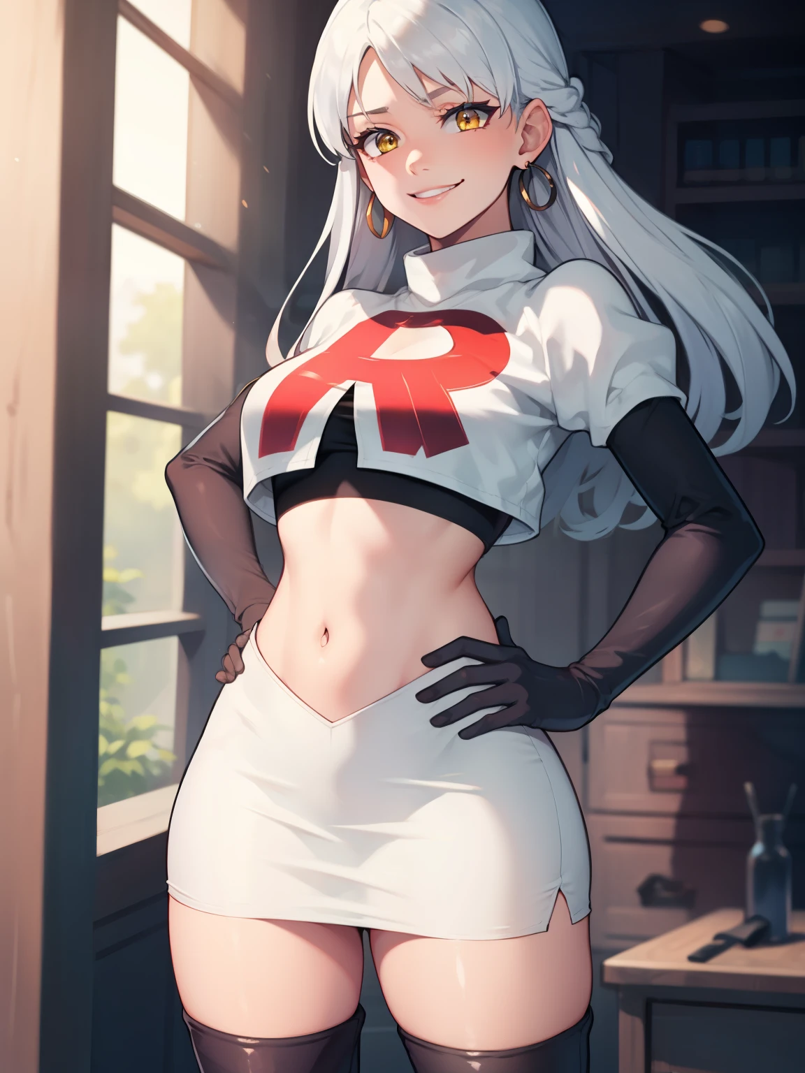 
micaiah fe, silver hair, yellow eyes ,earrings, glossy lips ,team rocket uniform, red letter R, white skirt,white crop top,black thigh-high boots, black elbow gloves, evil smile, hands on hips