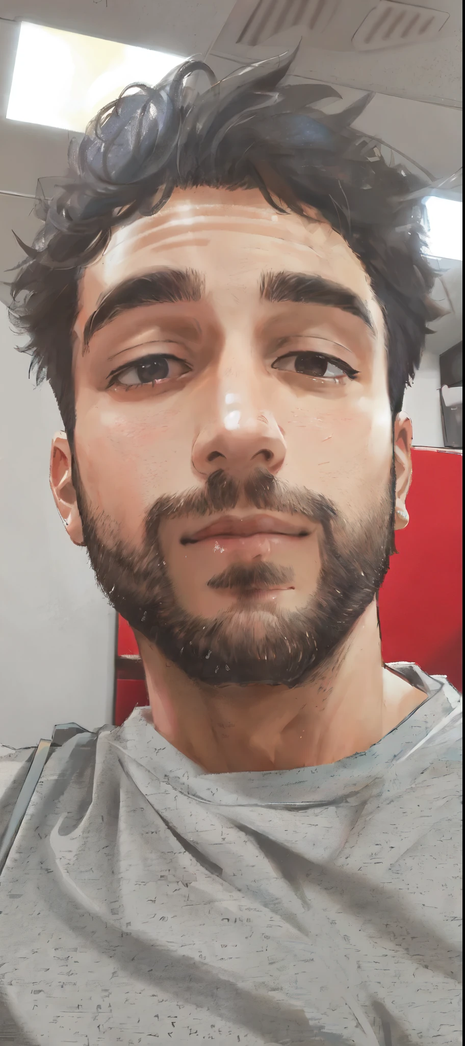 arafed man with a beard and a gray shirt taking a selfie, 8k selfie photograph, short stubble, frontal picture, slight stubble, small beard, stubble beard, beard stubble, face picture, without beard, with a small beard, very very low quality picture, stubble on his face, short scruffy beard, sweaty face