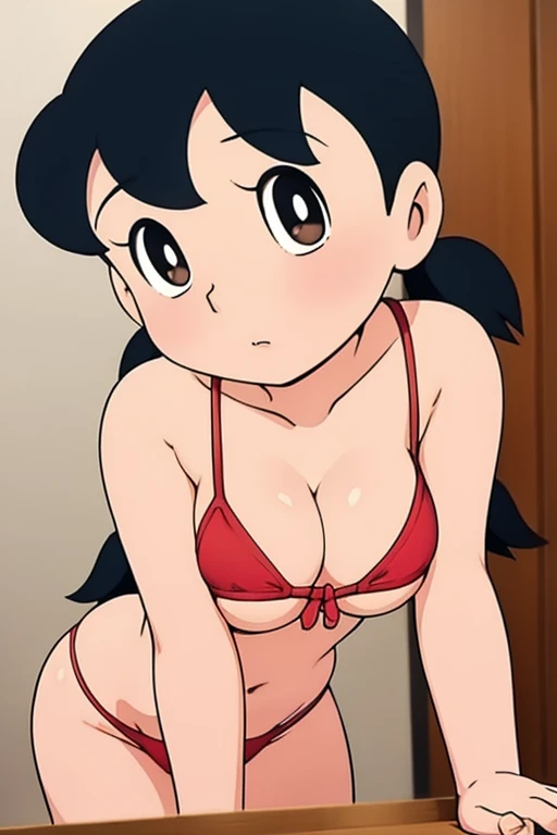 1girl, solo, cute, slim, bent over, seiza, black hair, twintails, large breasts, short twintails, cleavage, red micro bikini, hands on bathtub, (perfect detailed anatomy, beautiful face&eyes, perfect body)