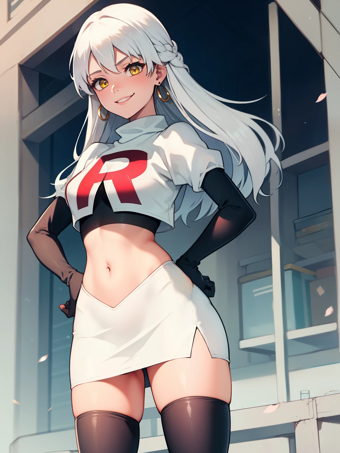 
micaiah fe, silver hair, yellow eyes ,earrings, glossy lips ,team rocket uniform, red letter R, white skirt,white crop top,black thigh-high boots, black elbow gloves, evil smile, hands on hips