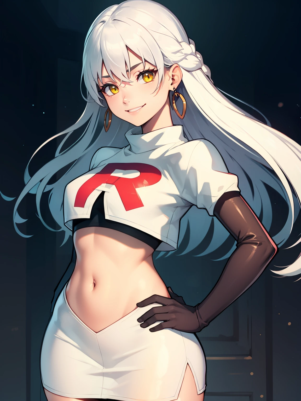 
micaiah fe, silver hair, yellow eyes ,earrings, glossy lips ,team rocket uniform, red letter R, white skirt,white crop top,black thigh-high boots, black elbow gloves, evil smile, hands on hips