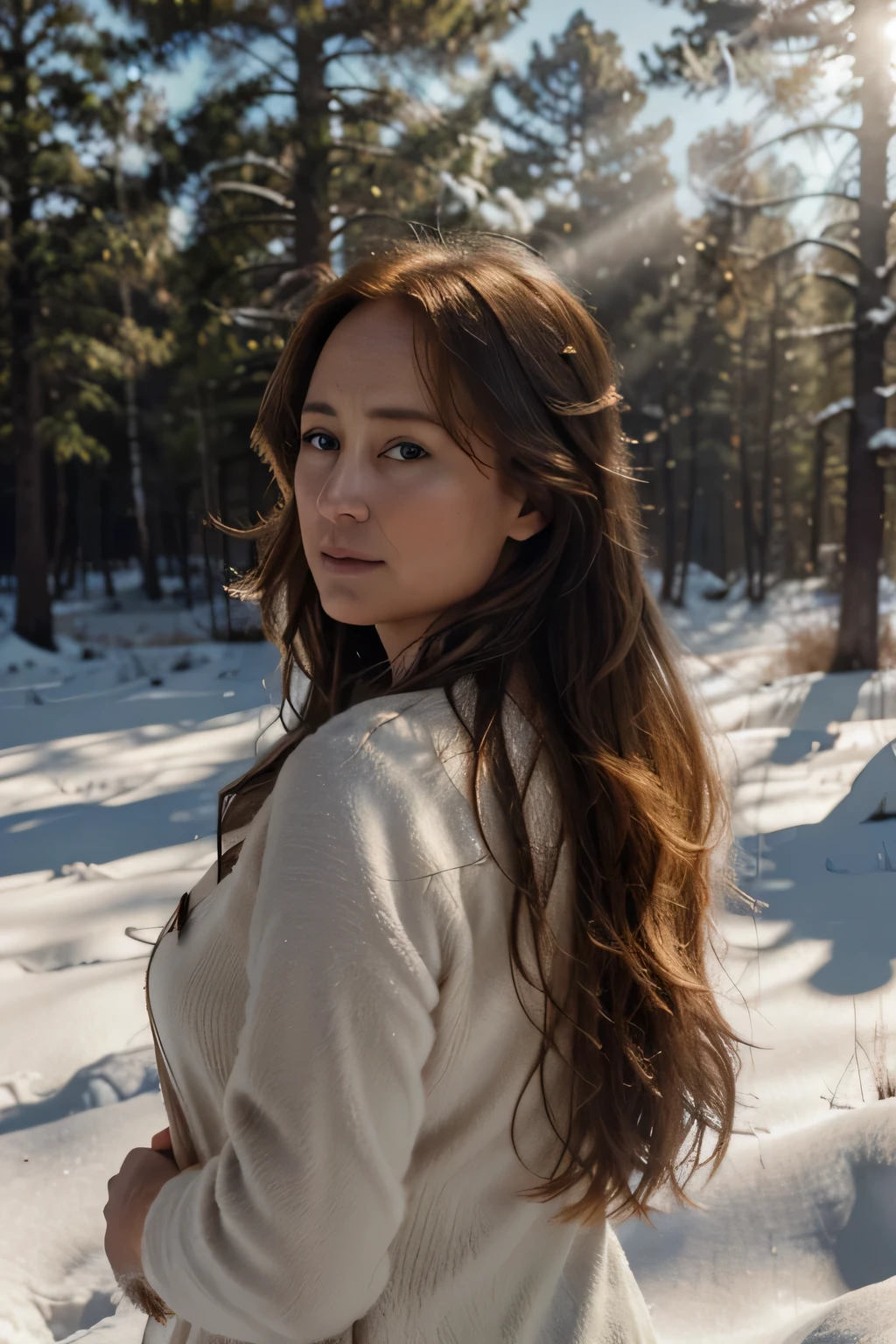((Jennifer Ehle)), 30 years old. From Fair Skin, long light brown hair, wavy at the height of the back, western eyes, honey colored, fluffy turned, ((big cheeks)), sunbathing, showing its beauties, in a snow field, among snowdrifts (backlit), realistic, masterpiece, high quality, brightness, shadow, flower, [[chromatic aberration]], by Jeremy Lipking, by Antonio J. Manzanedo, digital painting, 8k uhd,, trees, sunlight, wood, smoke, shadows, contrast, clear sky, style , (warm hue, warm tone)