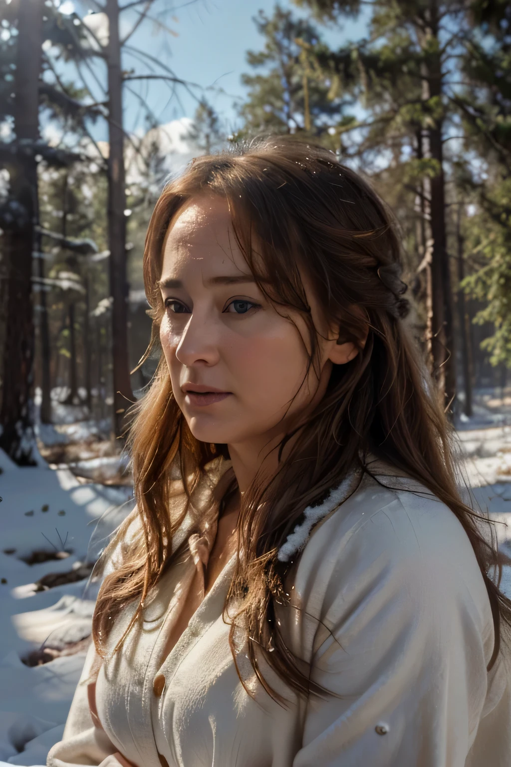 ((Jennifer Ehle)), 30 years old. From Fair Skin, long light brown hair, wavy at the height of the back, western eyes, honey colored, fluffy turned, ((big cheeks)), sunbathing, showing its beauties, in a snow field, among snowdrifts (backlit), realistic, masterpiece, high quality, brightness, shadow, flower, [[chromatic aberration]], by Jeremy Lipking, by Antonio J. Manzanedo, digital painting, 8k uhd,, trees, sunlight, wood, smoke, shadows, contrast, clear sky, style , (warm hue, warm tone)