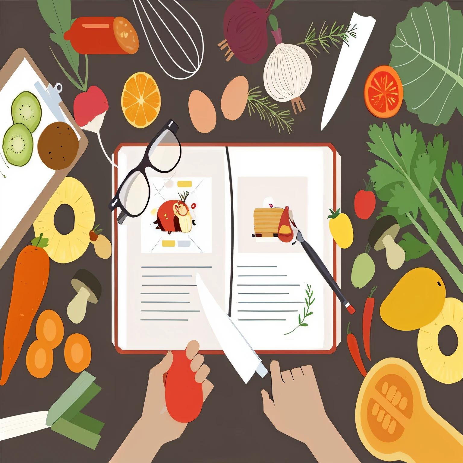 uma pessoa segurando uma faca e cortando um livro com legumes, foto do livro de receitas, estilista de comida, flat illustration, cooking program, amazing food illustration, whole page illustration, blog de gastronomia, Revista Gastronomia, book illustration, illustration!, artistic rendering, illustration, illustration, Pixabay, Direction: Carey Morris, arte ilustrativa, por Matt Cavotta, Gourmet cooking, estilo de comida