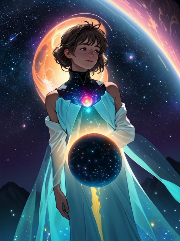 masterpiece, best quality, ultra high res, (abstract art:1.3), (dark art:1.3), deep shadow, dark theme, short Haitian girl glowing and engulfed in cosmic energy, cosmic dress, cosmic beauty, in space, nebula, nice hands, perfect hands,