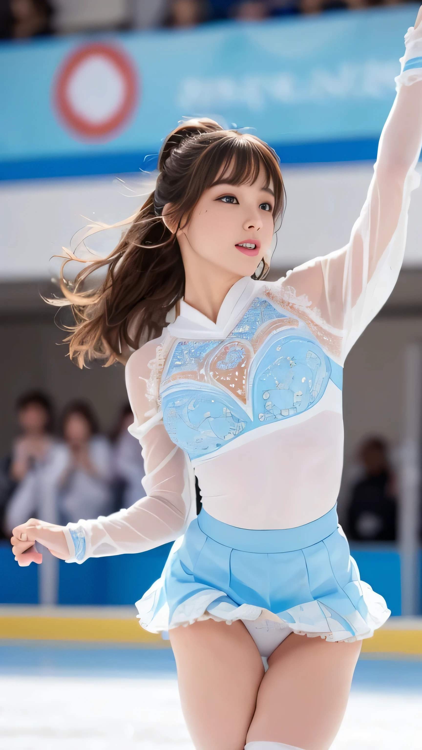 1 female、(super beautiful)、(beautiful face:1.6)、(detailed face:1.5)、(fine eyes:1.1)、(detailed lips:1.1)、(detailed nose:1.1)、(brown hair)、(Doing figure skating)、(she'He's the only one skating at the rink.:1.2)、(anatomically correct movements:1.3)、(Blue costume)、(White panties under the skirt:1.2)、(Clothes:1.5)、(skating rink with spectators)、(At SFW:1.5)