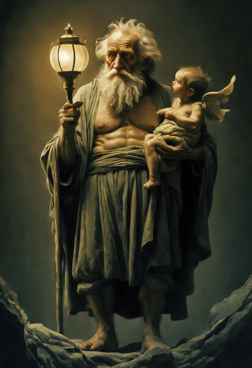 the elderly Diogenes of Sinope in the style of Nico Antila. Jeremy Mann and Charles Dana Gibson, Mark Demsteder, Paula Headley. Ralph Blakelock, Ed Emshwiller, Marianne Wroten, Arthur Rackham + concept art. Very beautiful, gouache, cinematic. Zdzislaw Beksinski Leonid Afremov Yoshitaka Amano Ohara Koson Ivan Rabuzin Gian Lorenzo Bernini Enoch Bolles Jean-Baptiste Monge Tetsuya Nomura, ultra-stunning lighting dark, creepy, mysterious, modern vintage. Diogenes Sinope on the streets of Athens, holding a lamp and saying that he is “looking for an honest man.”
