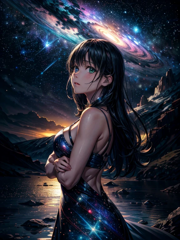 1 girl, detailer: 1.4, canvas of stars, skin with the color of dark nebulae, dark nebulae, lying on a galaxy, lying on the dark bright liquid galaxy, stars, many stars, huge breasts, long hair with the color of nebulae and stars in hair, tall, good anatomy, beautiful details, cute, sparks, liquid nebulae, perfect body, perfect figure, beautiful body, lightly covered with a canvas from liquid dark nebulae, liquid on body, skin tight, beautiful details