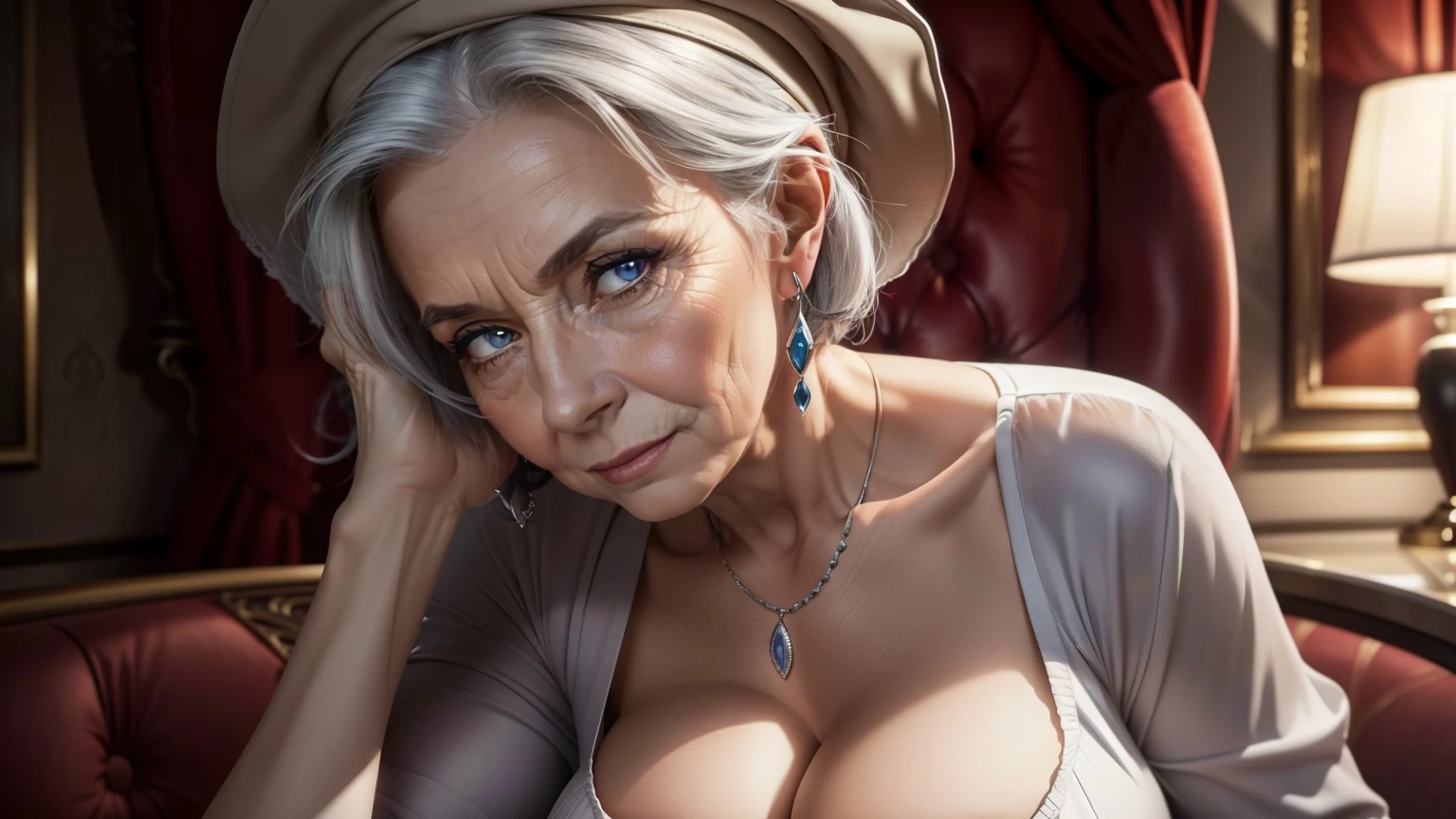 portrait of a 80-year-old woman with gray hair, seductive gaze, medium shortly old gray hair, blue eyes, a lot of wrinkles on her face, old woman, NSFW:1.3, detailed wrinkles (8K, high resolution、The ultra quality, An ultra-high picture quality、Ultrarealistic、Best Quality、masuter piece:1.2)(medium chest、Large cleavage:1.2) medium breasts are exposed、(Old women in Europe) proper eye position,cinematic light, , soft light, detailed background, clear background, milf, highly detail, 8k, ultra detailed background, detailed background, showing full body, full body, full body visible, perfect visible background, hotel reception, expensive hotel, luxury hotel, staff clothing, reception desk, staff hat on the head, uniform high neckline