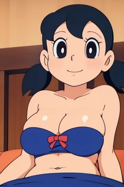 1girl, solo, cute, blush, (orgasm), slim, black hair, twintails, short twintails, (on back, sleepy), upper body, large breasts, nude, nipples, bed, (perfect detailed anatomy, beautiful face&eyes, perfect body)