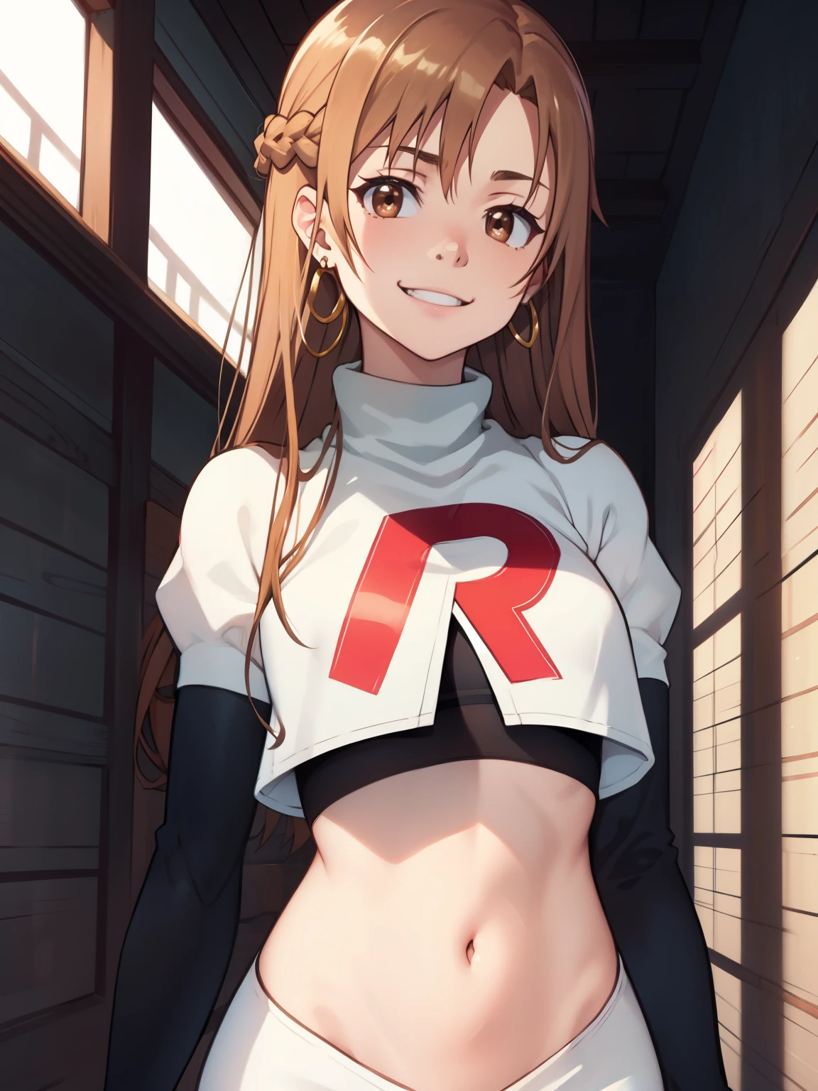 
yuuki asuna, kizukiai, brown hair, brown eyes, long hair, braid ,earrings, glossy lips ,team rocket uniform, red letter R, white skirt,white crop top,black thigh-high boots, black elbow gloves, evil smile