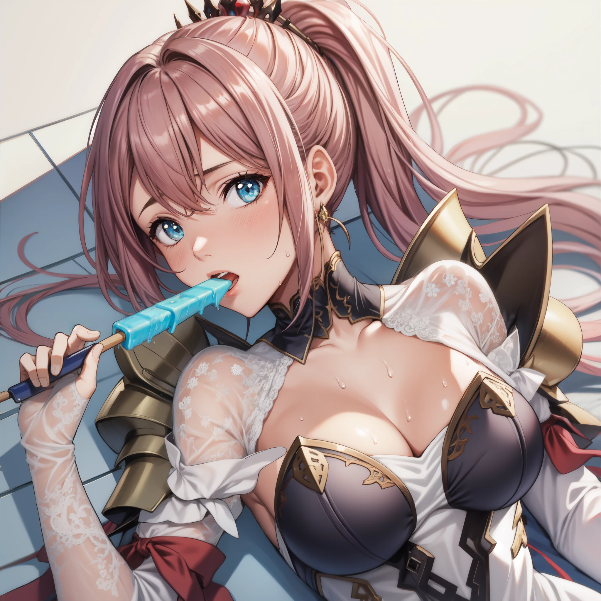 sweat:1.2, glossy skin:1.2, heat, wet:1.2, shy, lying, lying on floor, from above, pov, looking at the viewer, perfect eyes:1.2, detailed eyes:1.4, blushing, holding a popsicle, shionne1, ponytail, 1girl, solo, shoulder armor, dress, very long hair, white dress, cleavage, pauldrons, medium breasts, bangs, detached sleeves, breasts focus,