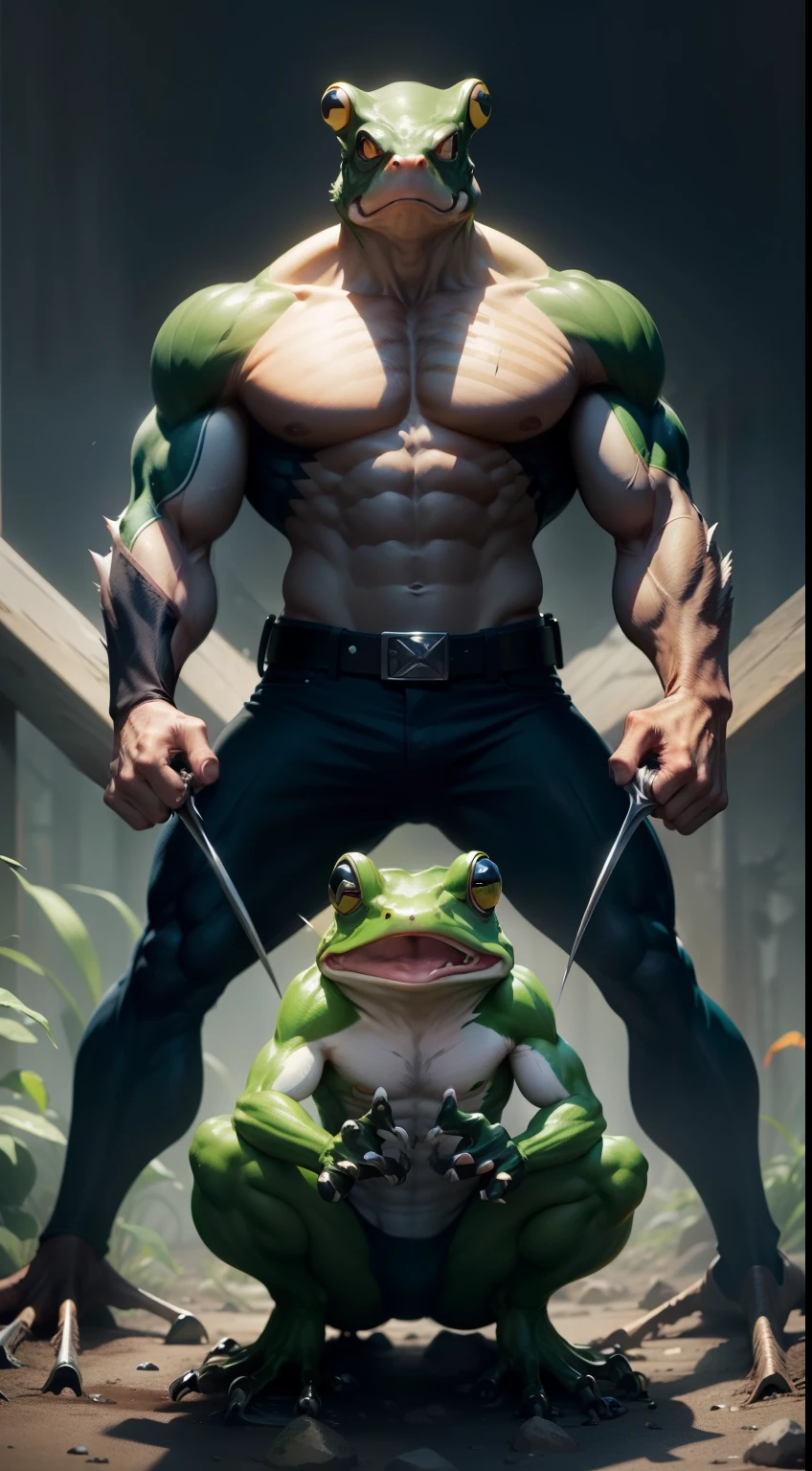 With a frog as the appearance,Wolverine's claws grew on the frog's hands,Mutant frogs,Frogs as the main body,8K ,Wolverine's paws merge with frogs