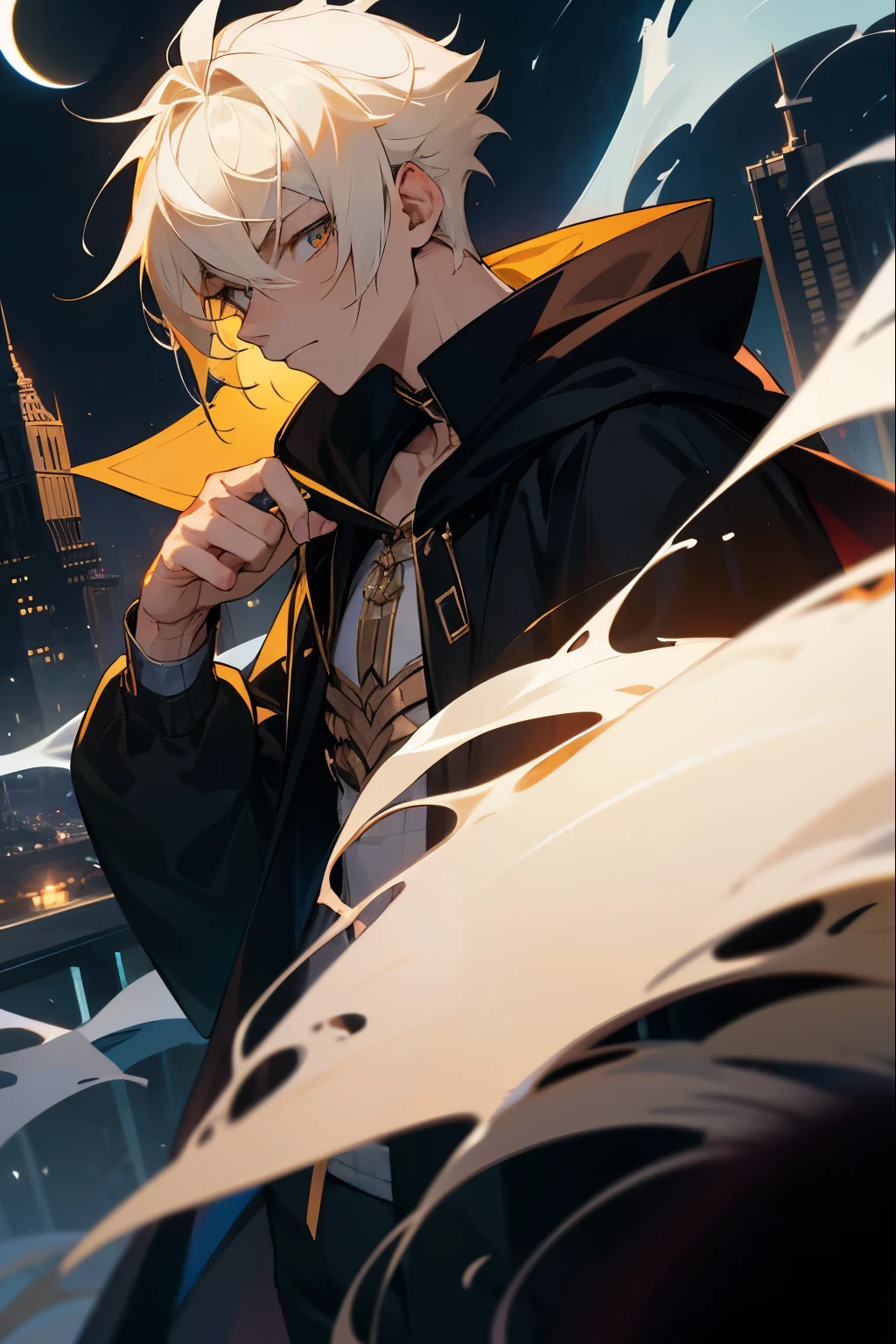 A young 18 year old male with cream blonde almost white hair color. With golden shining magic eyes and a cut-like scar in his left cheek. An arrogant and slightly angry facial expression. Black comfortable hoody-like clothes on. With city background by night. Emphasis on the moon above him and the mist in that city. Spiky up haircut. Image angle from his chest up 