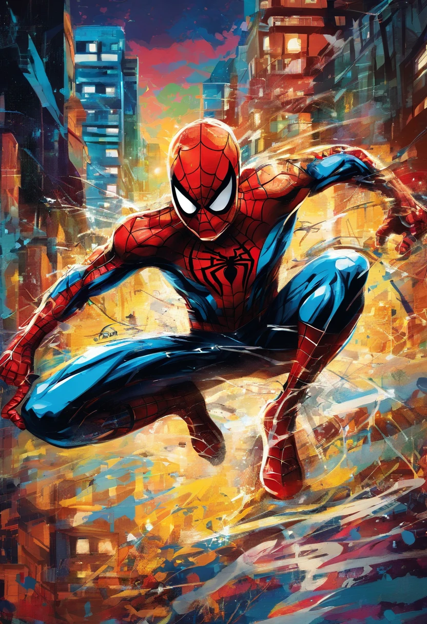 Spiderman en action, ambiance nocturne, tempête de neige, graffiti, image complète, Contraste élevé haute résolution