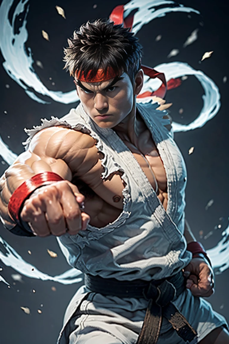 1 man ryu solo、Fighting Game Fighter、street fighter , wearing complete karate kimono、Fitness Body Shape、Pose ready to fight、battle look, close up, karate pose, making a hadoken special move