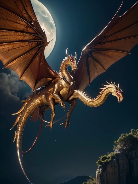 (best quality, highres, ultra-detailed, realistic:1.37), a metallic wyvern, golden serpent, metallic dragon, red gemstone peaks, jeweled wings, illustration, HDR, vibrant colors, fierce, magnificent, glimmering, monstrous creature, scaled skin, sharp claws, majestic pose, in-flight, soaring, mysterious atmosphere, darkened sky, illuminated by moonlight, mystical aura.