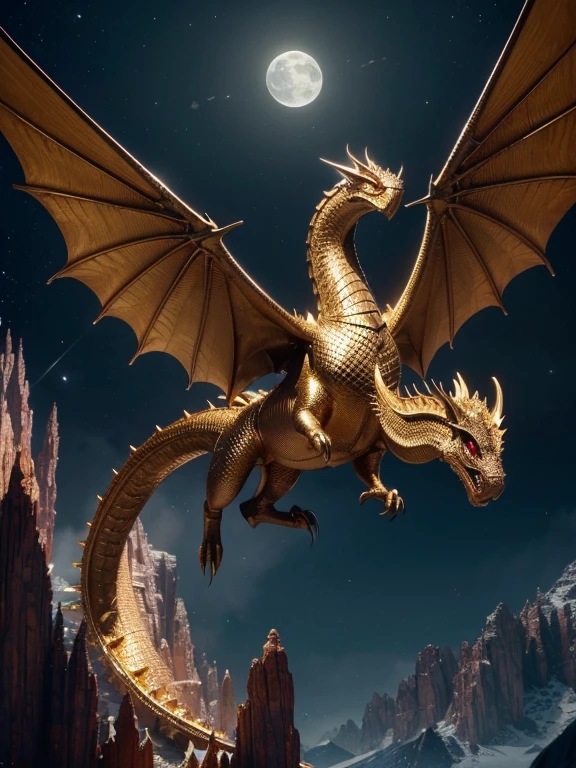 (best quality, highres, ultra-detailed, realistic:1.37), a metallic wyvern, golden serpent, metallic dragon, red gemstone peaks, jeweled wings, illustration, HDR, vibrant colors, fierce, magnificent, glimmering, monstrous creature, scaled skin, sharp claws, majestic pose, in-flight, soaring, mysterious atmosphere, darkened sky, illuminated by moonlight, mystical aura.