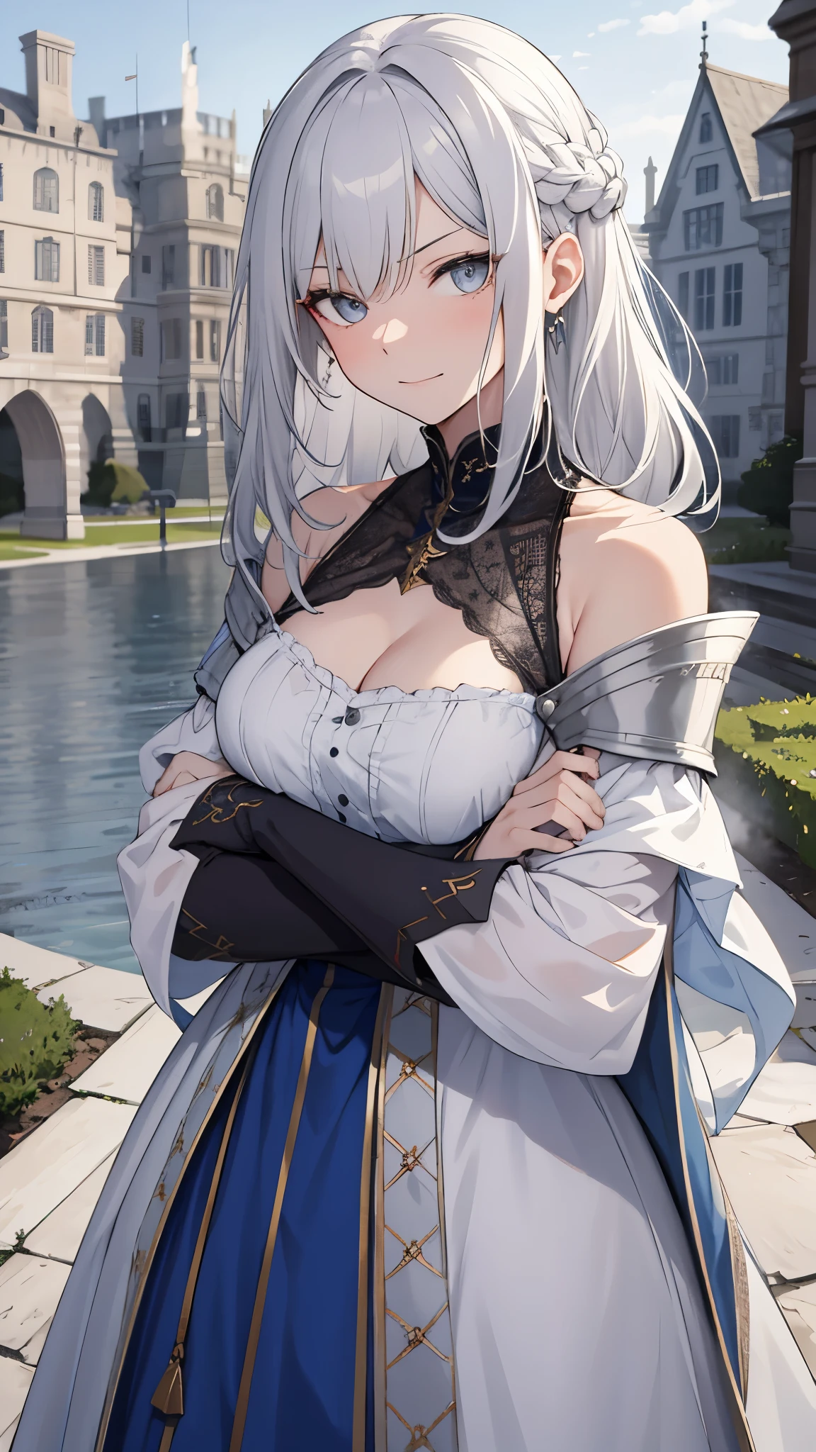 [[[ ultra-detailed, best quality, soft skin, beautiful, 4K]]], (masterpiece 2.1) pov, 1girl, gray eyes, white hair with shades of blue, regal medieval clothes, medium hair, shoulder-length hair, mature, evil smirking, plotting, arms crossed,  standing up, snowy royal gardens, 