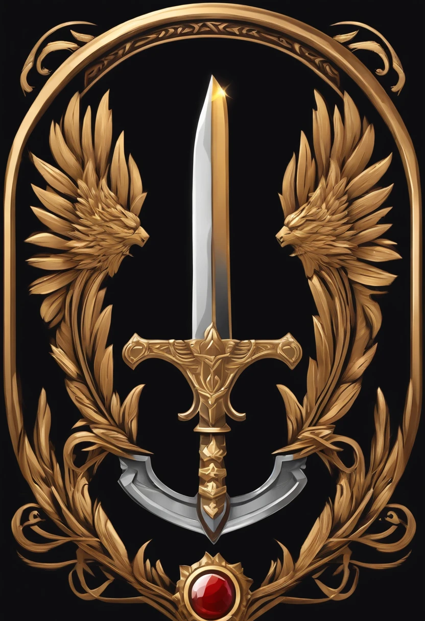 （Game achievement badge design），silver medal，Flat 2D Effects，Wheat border ears，(In the center of the medallion is a sword、There is an icon at the intersection of the hammer and wrench)、sword and magic