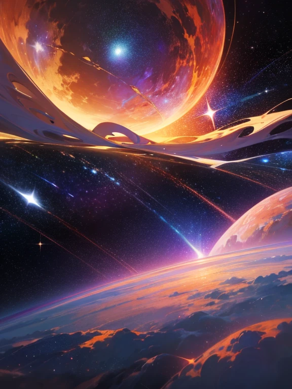 limits of space, oil painting, detailed stars and galaxies, best quality, ultra-detailed, cosmic landscape, vibrant colors, ethereal lighting.