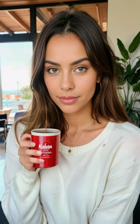 Beautiful blonde in red sweater (Sipping coffee inside a modern café at sunset), Muy detallado, 21 years, Cara inocente, cabello ondulado natural, ojos verdes, high resolution, obra maestra, Mejor calidad, detalles intrincados, muy detallado, Sharp focus, piel detallada, Realista skin textura, textura, ojos detallados, profesional, 4k, sonrisa encantandora, disparado en Canon, 85mm, Poca profundidad de campo, Kodak Vision Color, cuerpo en forma perfecta, extremadamente detallado, Foto_\(Ultra\), photoRealista, Realista, Postprocesamiento, maximum detail, Aspereza, vida real, Ultra Realista, fotorrealismo, Photography, 8k UHD, Photography