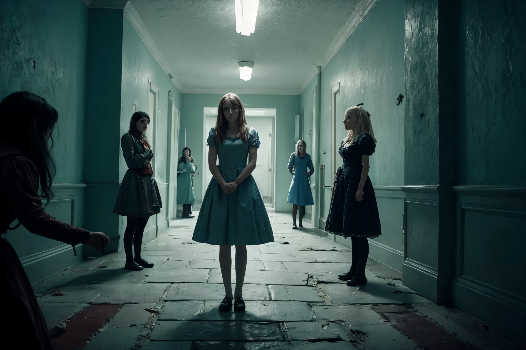 Photograph of a Alice from "Alice in wonderland" standing scared and terrified surrounded by eerie mental patients with background mental institution, mental asylum , cinematic hd 4k 8k highly detailed trending artstation Macabre