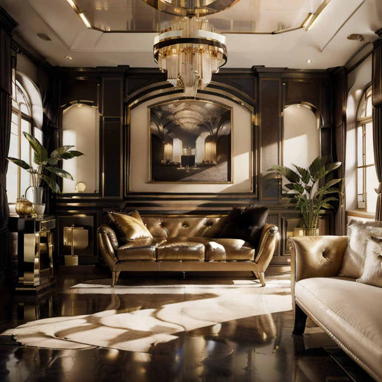 hight resolution, wide angle, eye level view, overhead shot, photorealisic ,8k, ultra detailed, hd, larg hall in a mansion, modern up-to-date interior, two go+go dancing platforms (cubes) on the left , a big couch on the right side and one more couch in the back, ((art deco style))