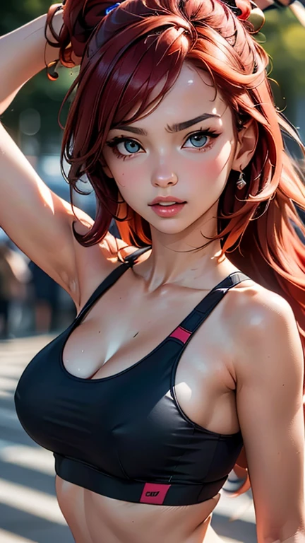 (best quality, masterpiece, colorful, dynamic angle, highest detailed), closeup, upper body photo, cute girl, most beautiful, intense long red hair, wearing (black sports bra), (ultrahigh resolution textures), cleavage, large breasts, hands in front of body, bokeh, (intricate details, hyperdetailed:1.15), detailed, (extreme detailed, highest detailed), HDR+
