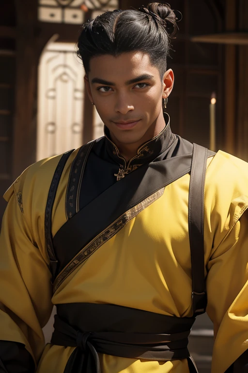 a black man age of 50, with a strong and happy expression on his face, strong full eyebrows, golden-yellow iris eyes, shoulder-length black hair tied up in a high bun. He is wearing a medieval costume, 8k, best quality of image, without any blur, perfect