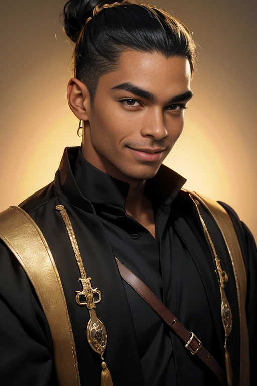 a black man age of 50, with a strong and happy expression on his face, strong full eyebrows, golden-yellow iris eyes, shoulder-length black hair tied up in a high bun. He is wearing a medieval costume, 8k, best quality of image, without any blur, perfect