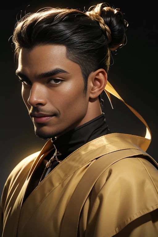 a black man age of 50, with a strong and happy expression on his face, strong full eyebrows, golden-yellow iris eyes, shoulder-length black hair tied up in a high bun. He is wearing a medieval costume, 8k, best quality of image, without any blur, perfect