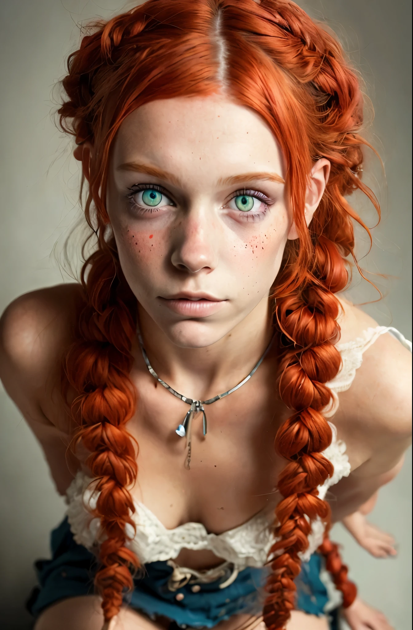 Ultra real photo of 18 years old Pippi Longstocking, mischievous eyes, long red messy and braided hair, sexy, sloppy look, short skirt, in dinamic, vivid colors, intricate details of her beautiful eyes and perfect face.