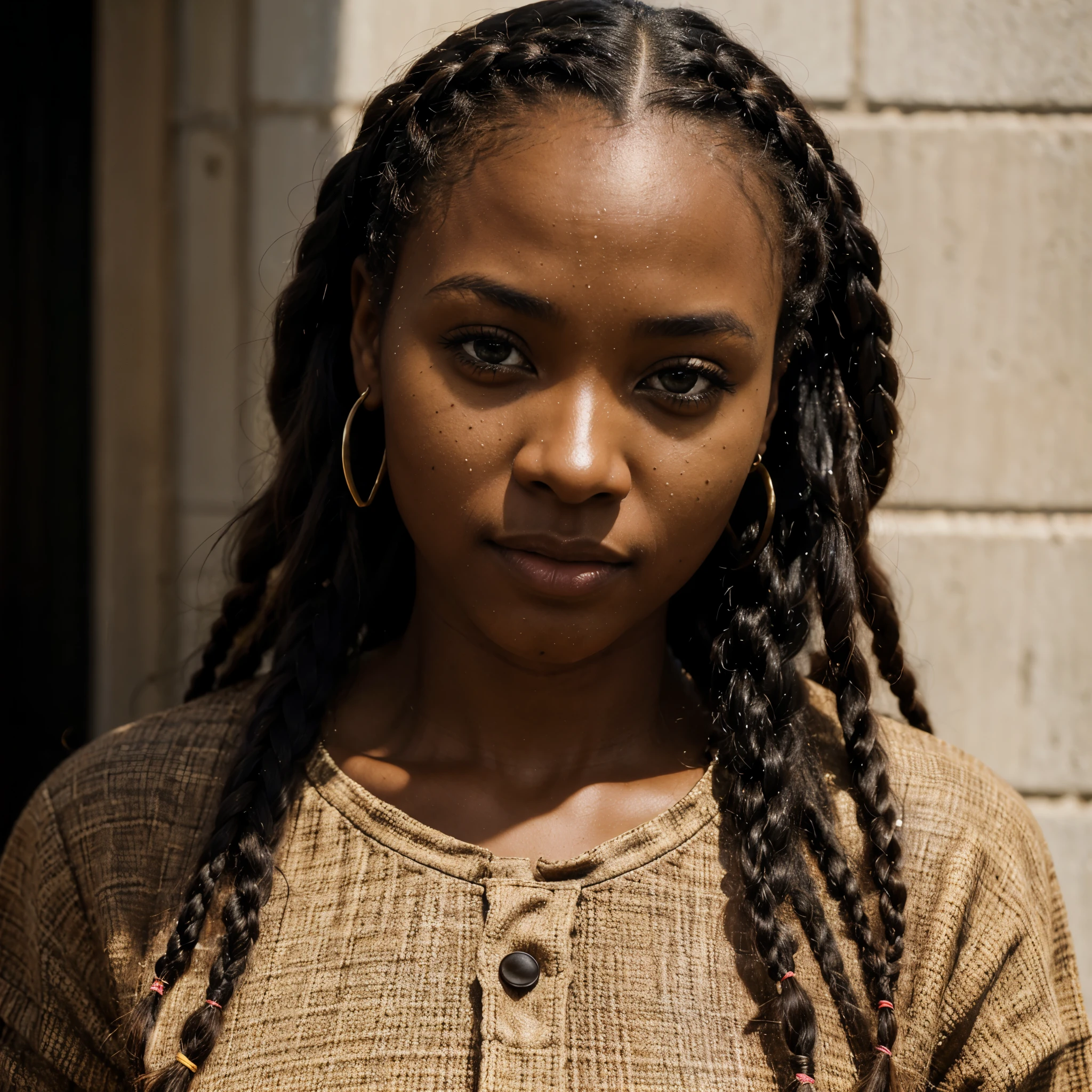  Masterpiece, african, 30yo, ((black woman)), brown skinned, braided hair, cornrows, beautiful, sweet skin, brown eyes, face. Focused, posterity, portrait, 8k, film grain, uHD, HDr, 35 mm.