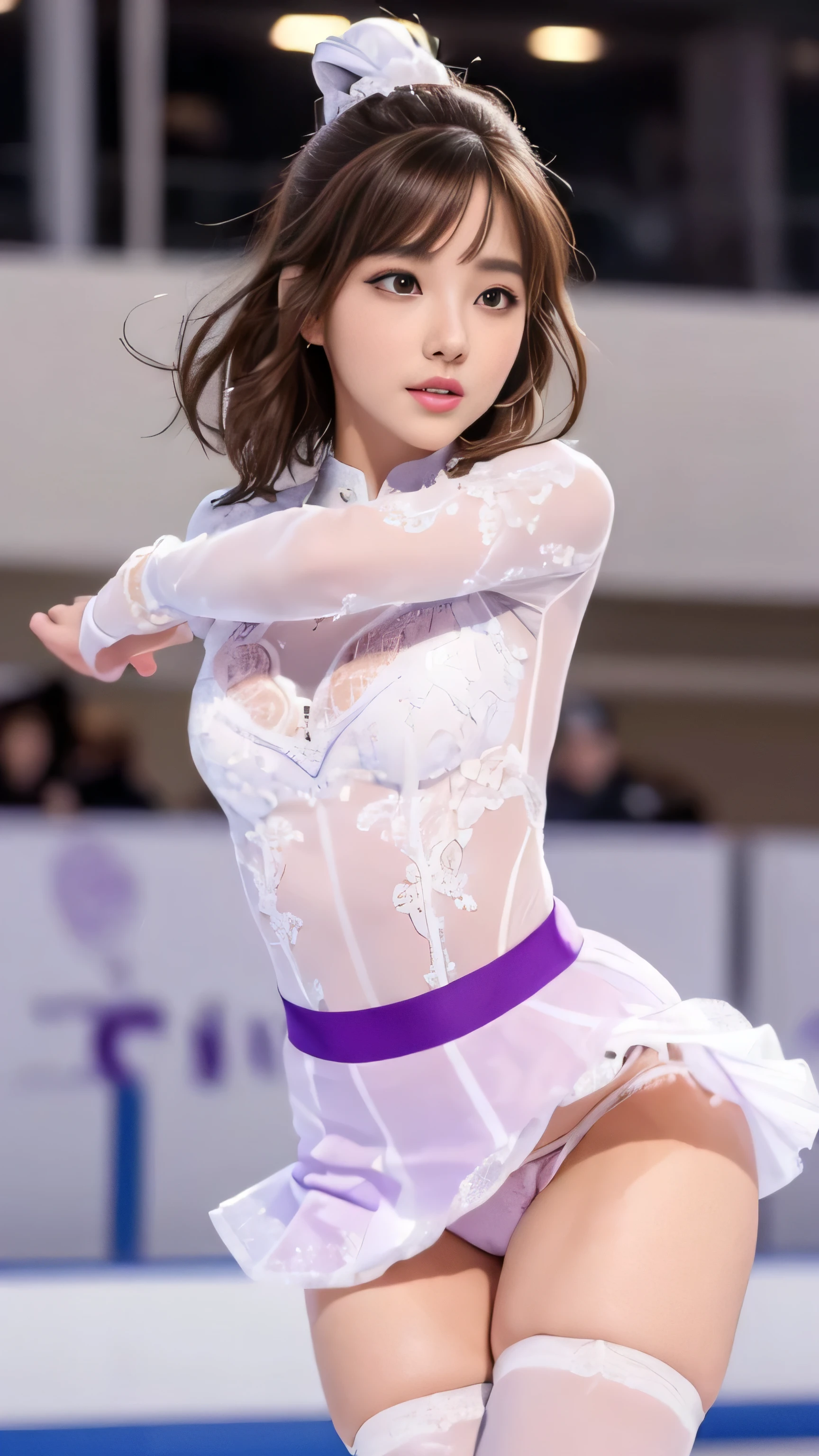 1 female、(super beautiful)、(beautiful face:1.6)、(detailed face:1.5)、(fine eyes:1.1)、(detailed lips:1.1)、(detailed nose:1.1)、(brown hair)、(Doing figure skating)、(she'He's the only one skating at the rink.:1.2)、(anatomically correct movements:1.3)、(Purple costume)、(White panties under the skirt:1.2)、(Clothes:1.5)、(skating rink with spectators)、(At SFW:1.5)