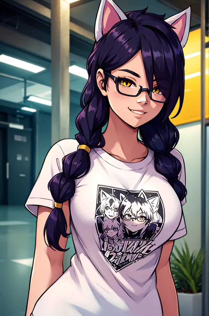 Erisa, 1girl, solo, long hair, looking at viewer, black hair, bandaid on face, yellow eyes, animal ears, smile, bandaid on nose, braid, cat ears, bandaid, bangs, breasts, fake animal ears, simple background, fang, , bare shoulders, scar, teeth, shirt, tight shirt, bare shoulders, white shirt, short sleeves, closed mouth, t-shirt, hair over one eye, night city view, portrait, hair over shoulder, shorts, skin tight shirt, glasses, seductive, realistic, best quality, masterpiece, ultra detail, ultra high res, extreme detail, 8k